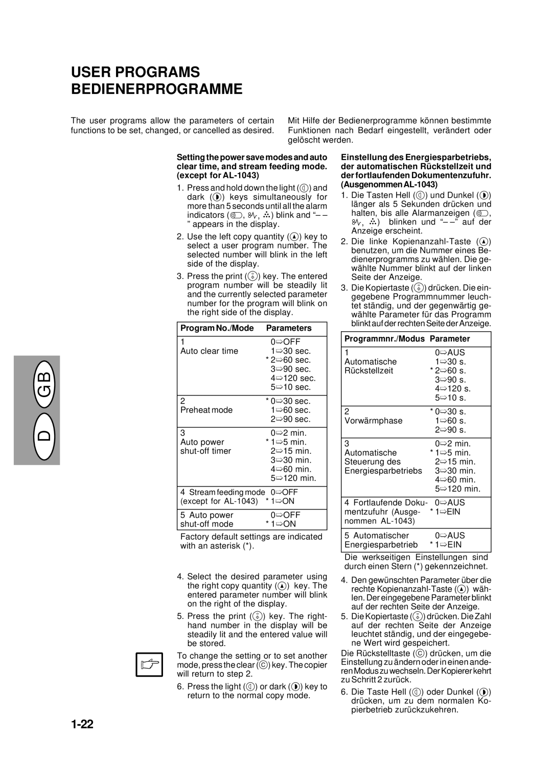 Creative AL-1551 User Programs Bedienerprogramme, Program No./Mode Parameters, 0OFF, Programmnr./Modus Parameter, 0AUS 