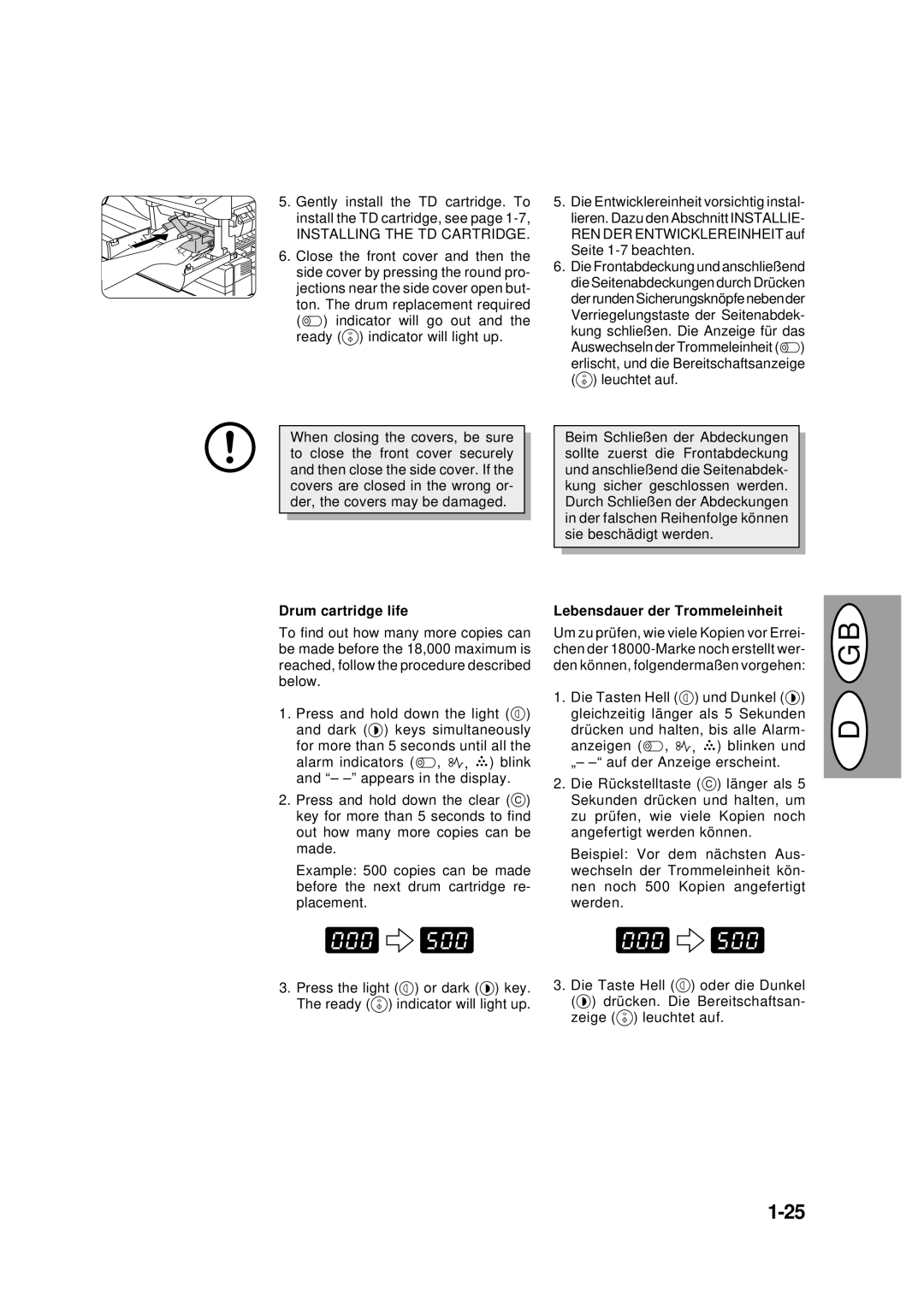 Creative AL-1252, AL-1551, AL-1043, AL-1452 Installing the TD Cartridge, Drum cartridge life, Lebensdauer der Trommeleinheit 