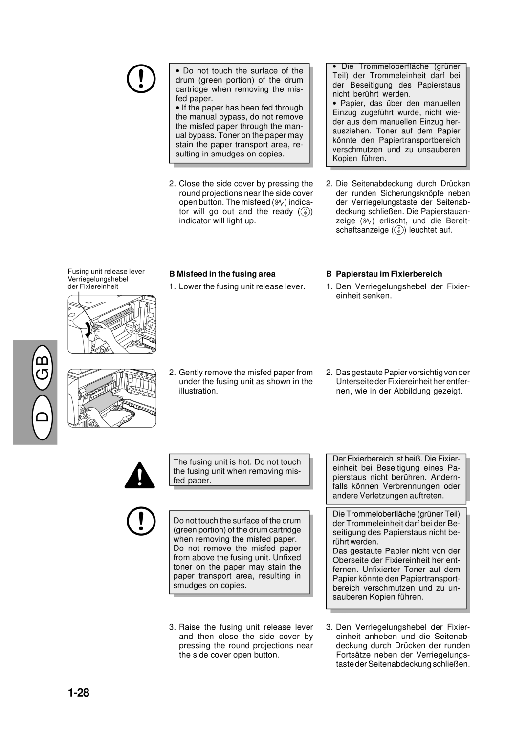 Creative AL-1452, AL-1551, AL-1043, AL-1252 manual Misfeed in the fusing area, Papierstau im Fixierbereich 