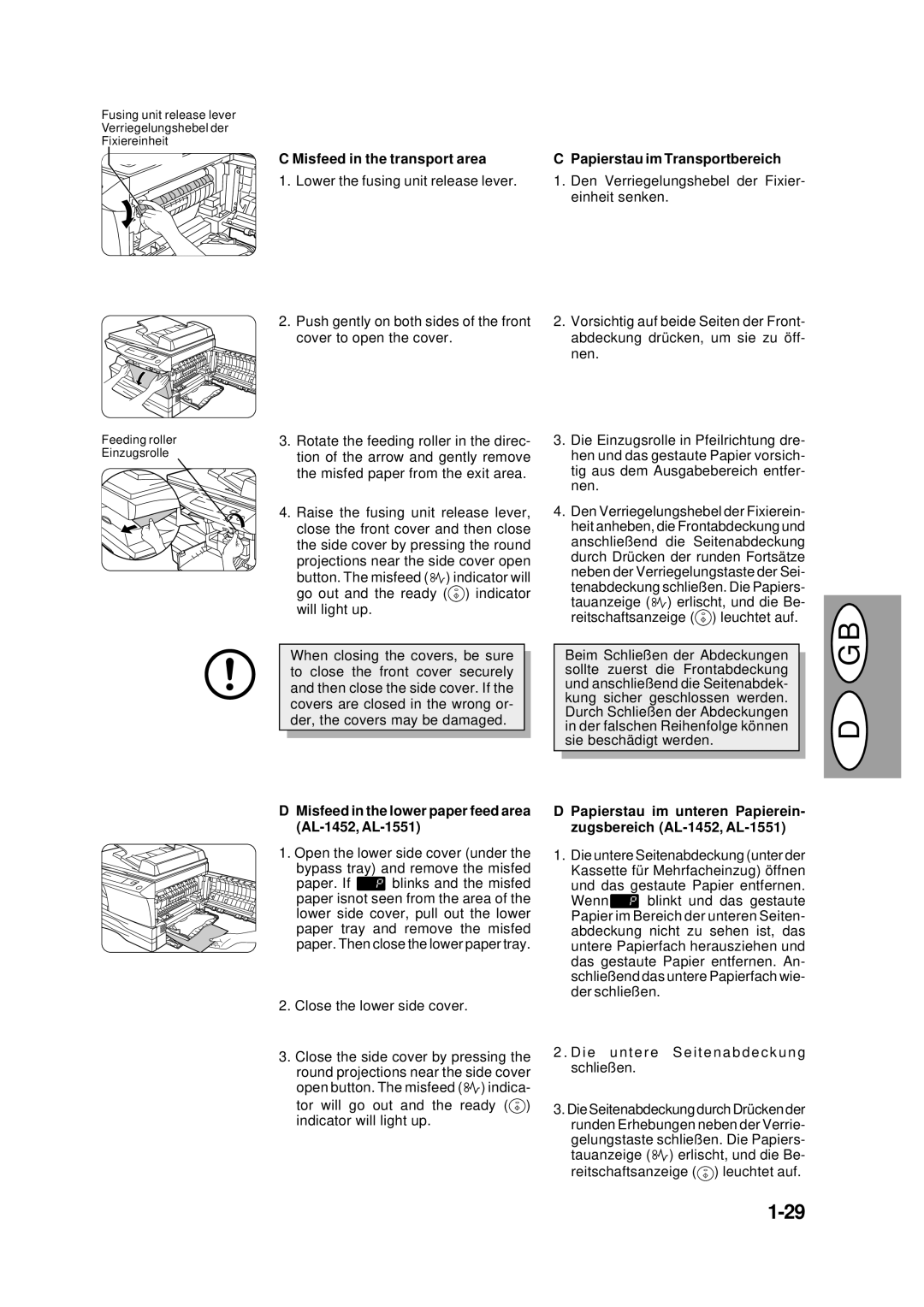 Creative AL-1252, AL-1551 Misfeed in the transport area, Papierstau im Transportbereich, Open the lower side cover under 