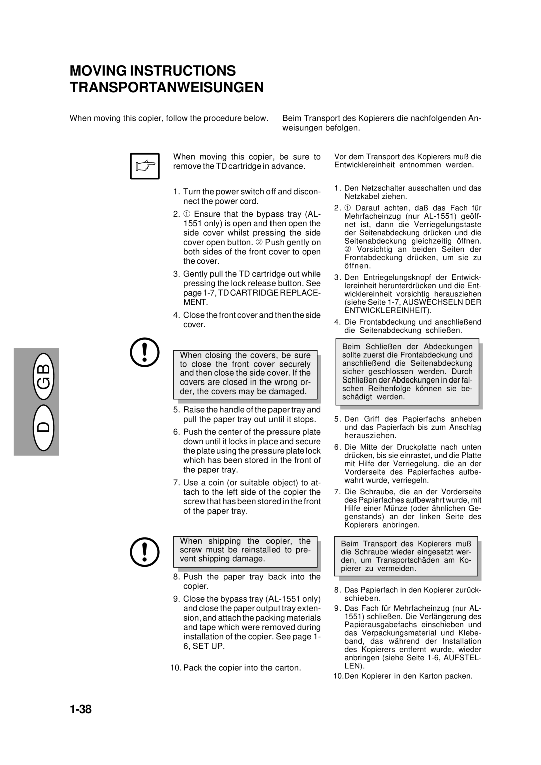 Creative AL-1551, AL-1043, AL-1452, AL-1252 manual Moving Instructions Transportanweisungen 