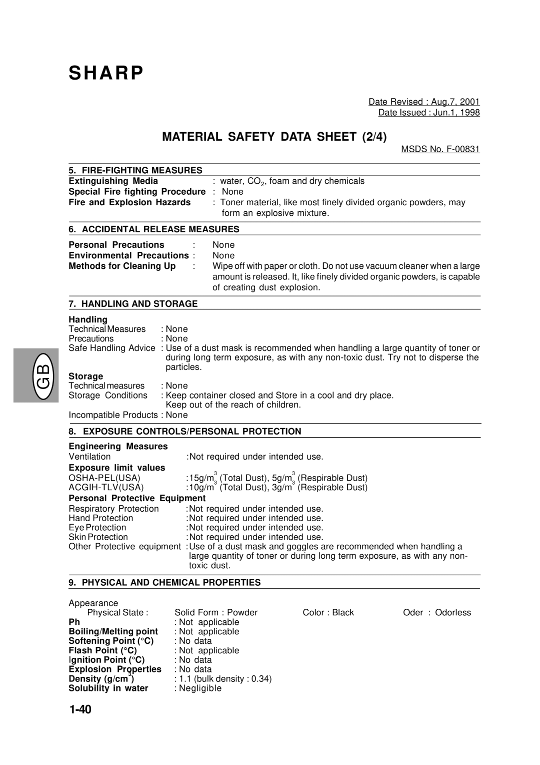 Creative AL-1452, AL-1551, AL-1043, AL-1252 manual Material Safety Data Sheet 2/4 