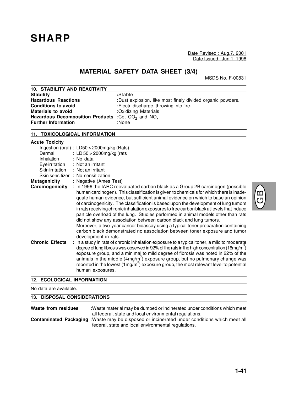 Creative AL-1252, AL-1551, AL-1043, AL-1452 manual Material Safety Data Sheet 3/4 