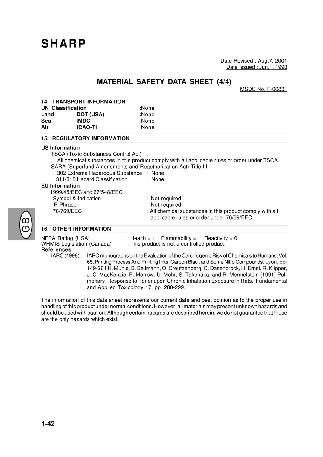 Creative AL-1551, AL-1043, AL-1452, AL-1252 manual Material Safety Data Sheet 4/4 