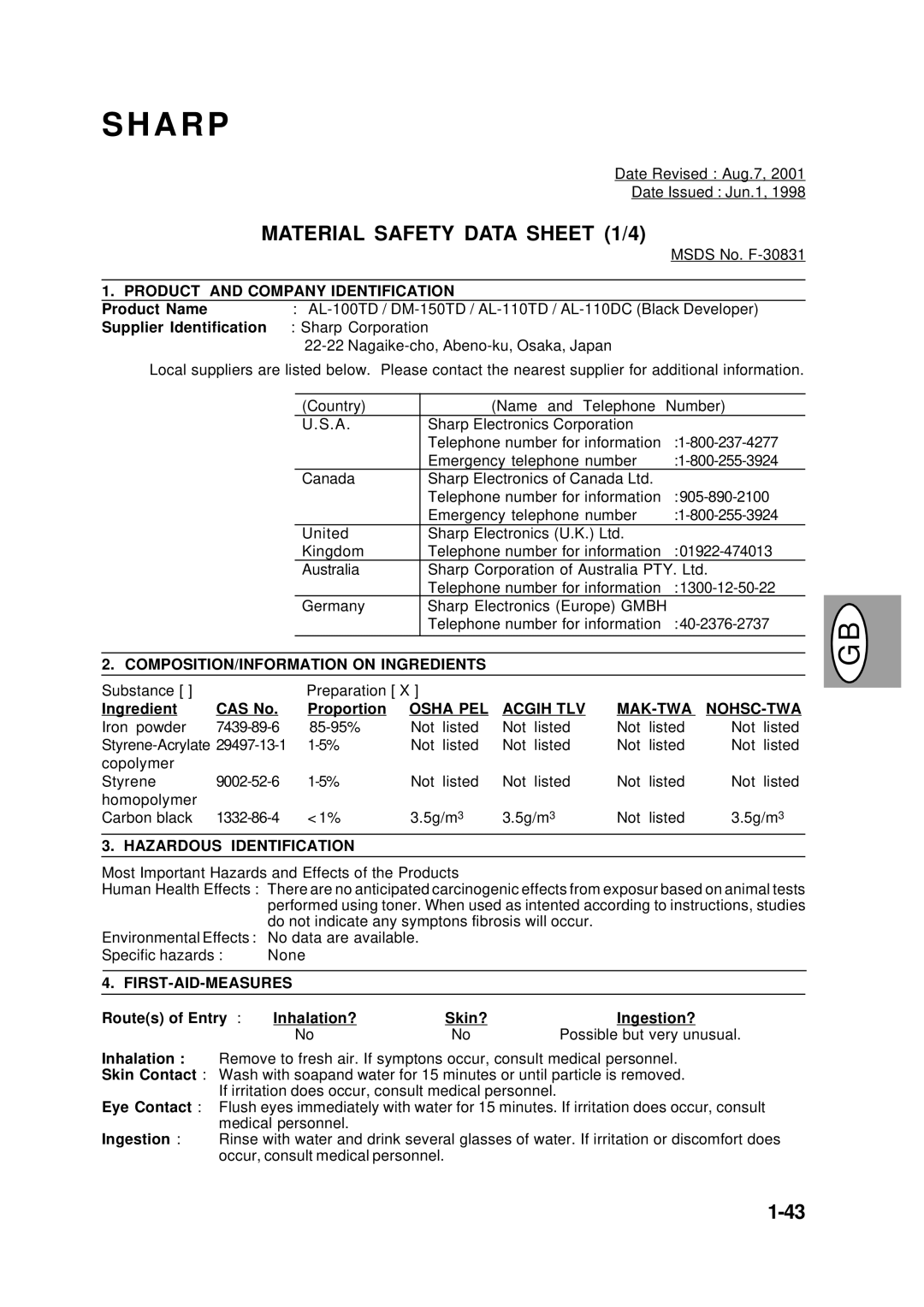 Creative AL-1043, AL-1551, AL-1452, AL-1252 manual Msds No. F-30831 