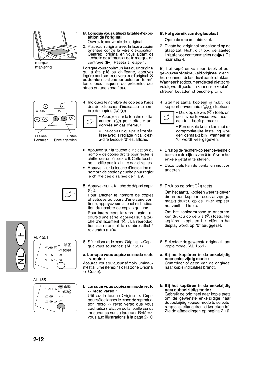 Creative AL-1551, AL-1043, AL-1452 Lorsque vous utilisez la table dexpo- sition de loriginal, Het gebruik van de glasplaat 