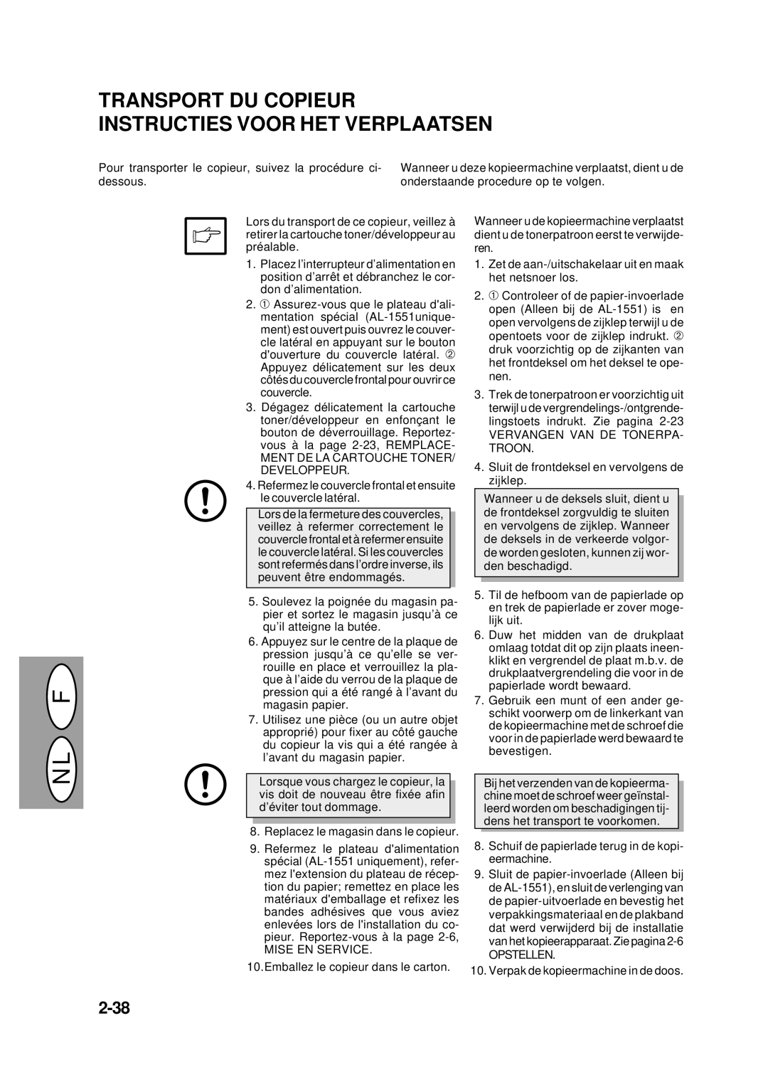 Creative AL-1452 Transport DU Copieur Instructies Voor HET Verplaatsen, Ment DE LA Cartouche TONER/ Developpeur, Opstellen 