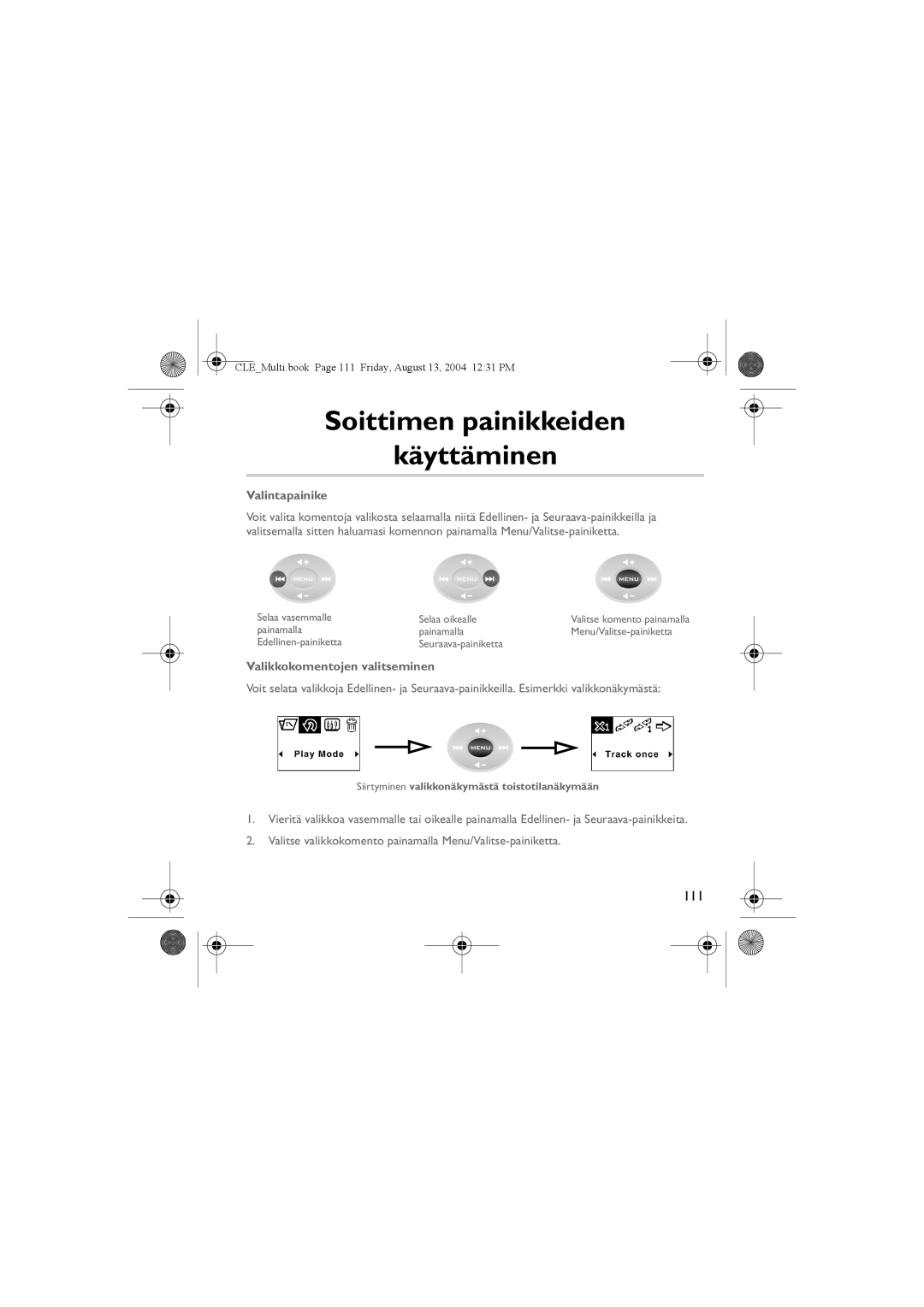 Creative CLE manual Soittimen painikkeiden Käyttäminen, Valintapainike, Valikkokomentojen valitseminen 