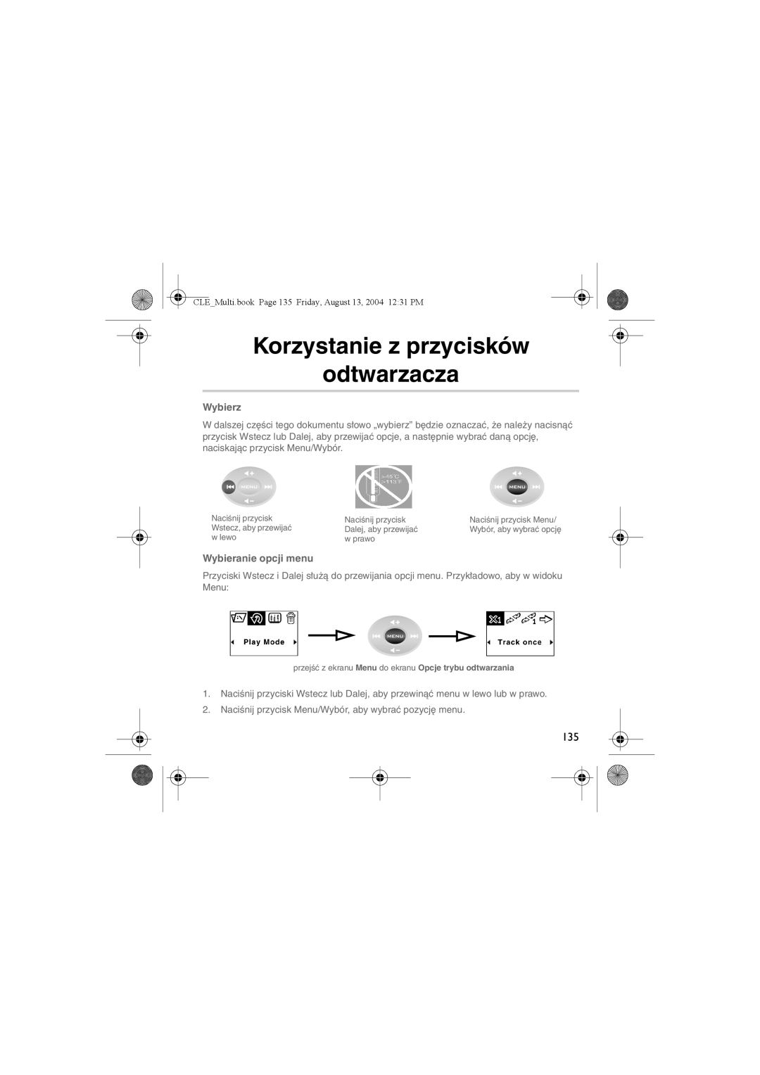 Creative CLE manual Korzystanie z przycisków Odtwarzacza, Wybierz, Wybieranie opcji menu 