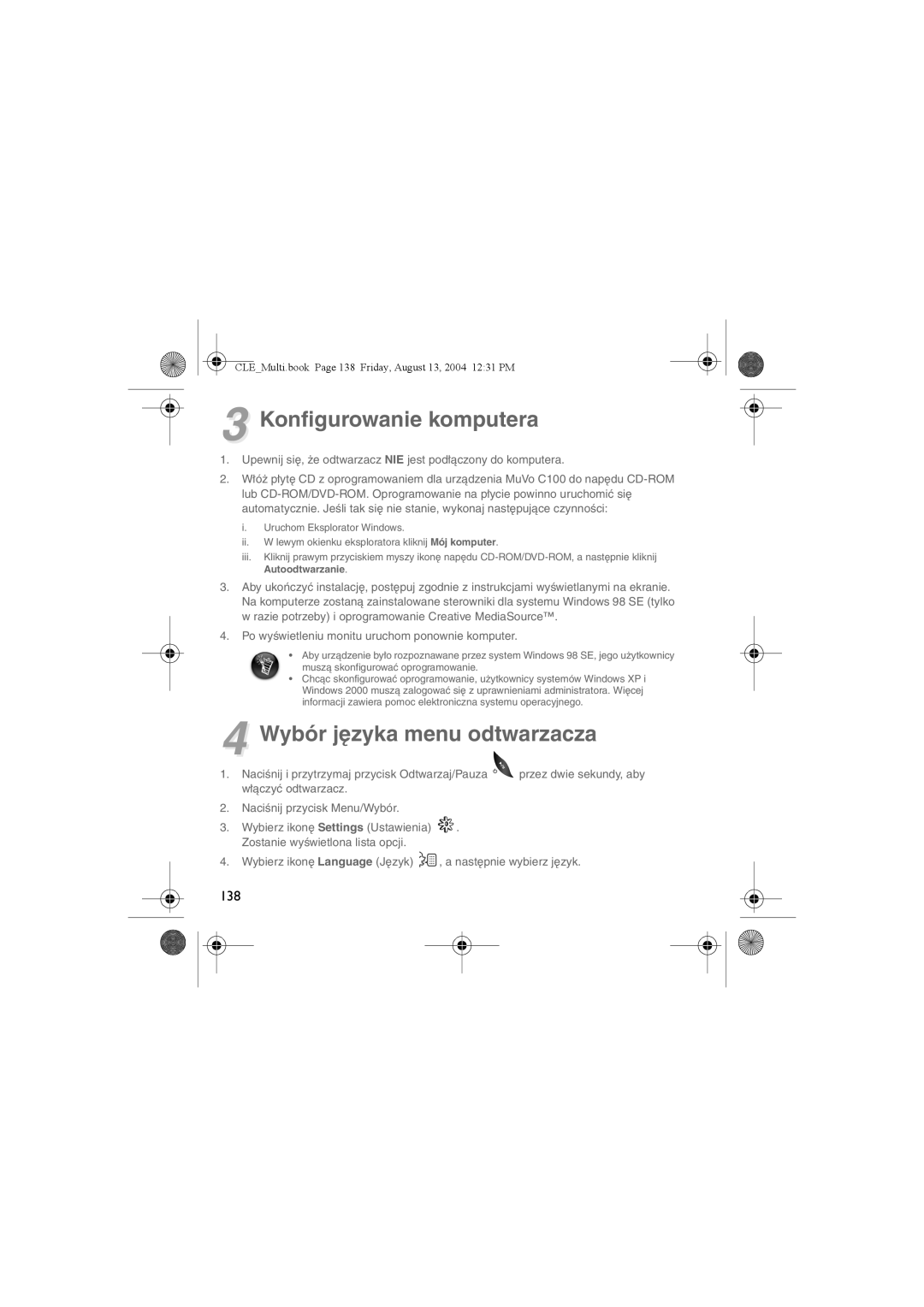 Creative CLE manual Konfigurowanie komputera, Wybór języka menu odtwarzacza, Autoodtwarzanie 