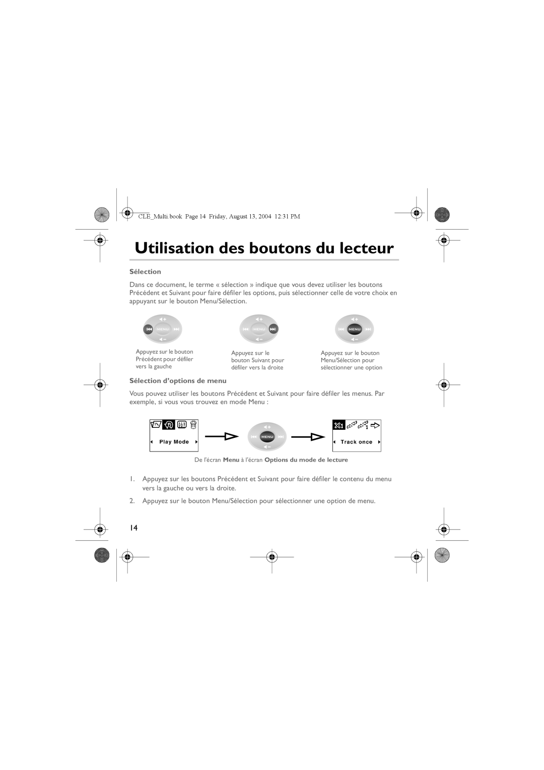 Creative CLE manual Utilisation des boutons du lecteur, Sélection d’options de menu 