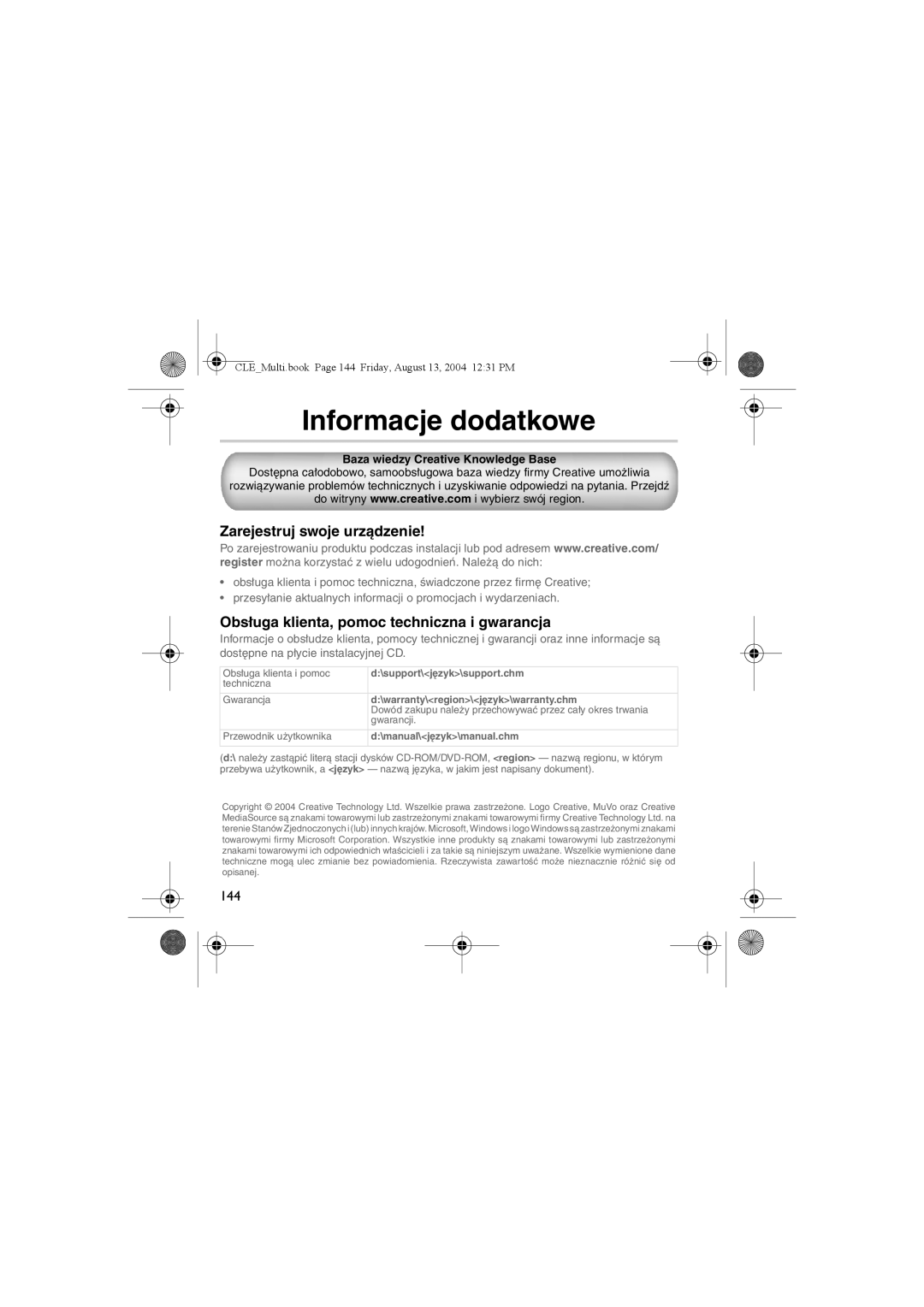 Creative CLE manual Informacje dodatkowe, Zarejestruj swoje urządzenie, Obsługa klienta, pomoc techniczna i gwarancja 