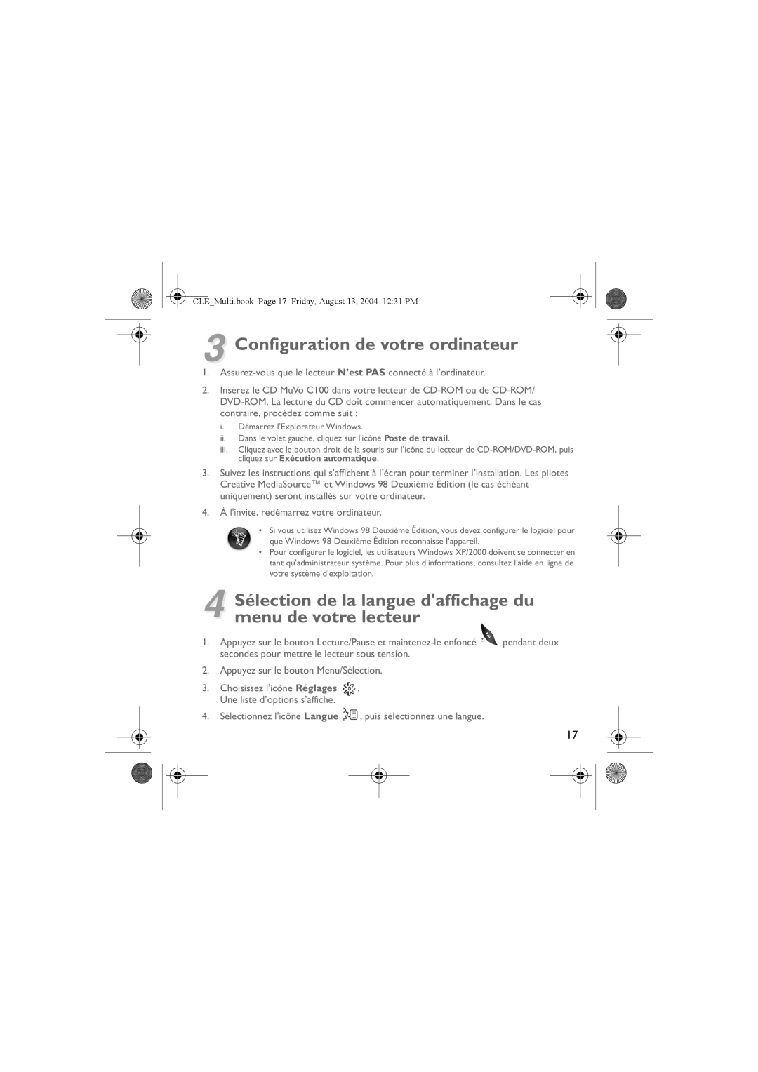 Creative CLE manual Configuration de votre ordinateur, Sélection de la langue daffichage du menu de votre lecteur 