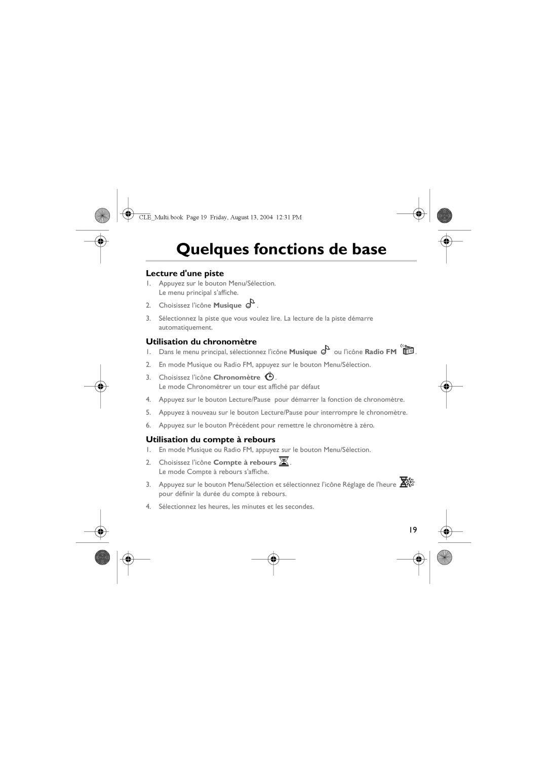 Creative CLE Quelques fonctions de base, Lecture dune piste, Utilisation du chronomètre, Utilisation du compte à rebours 