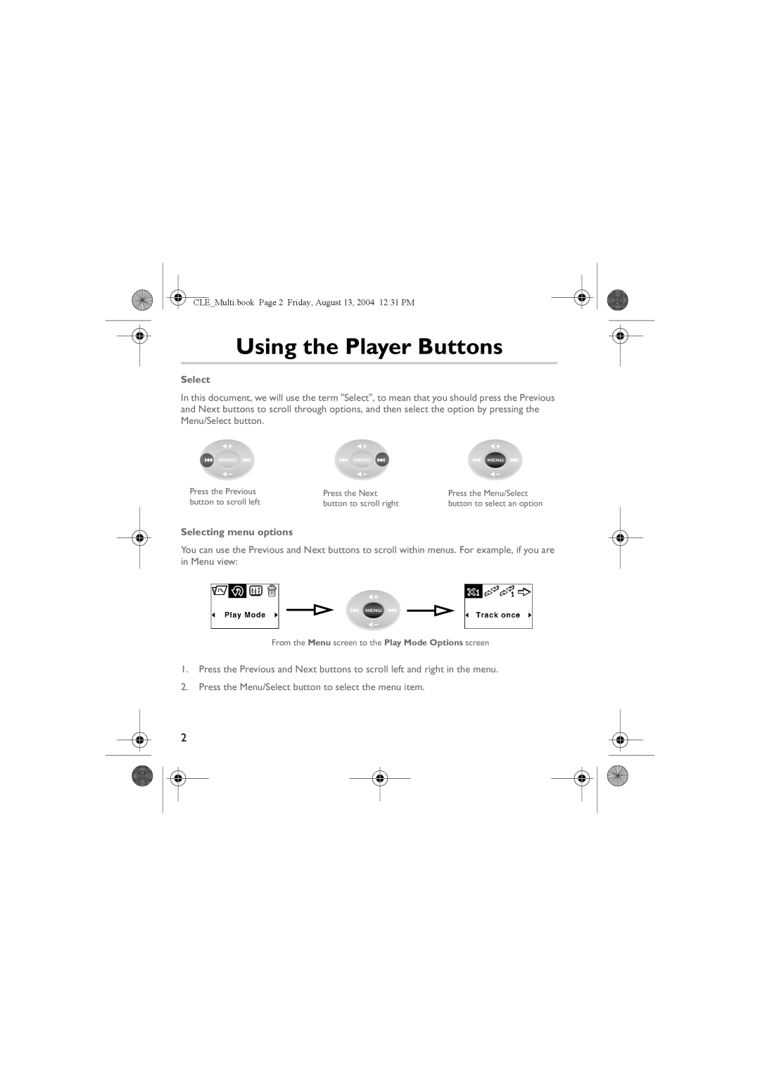 Creative CLE manual Using the Player Buttons, Selecting menu options 