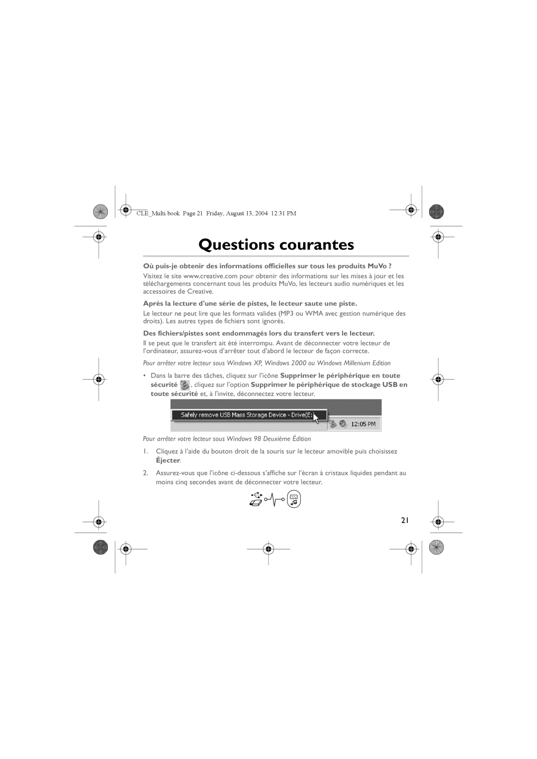 Creative CLE manual Questions courantes, Pour arrêter votre lecteur sous Windows 98 Deuxième Édition 