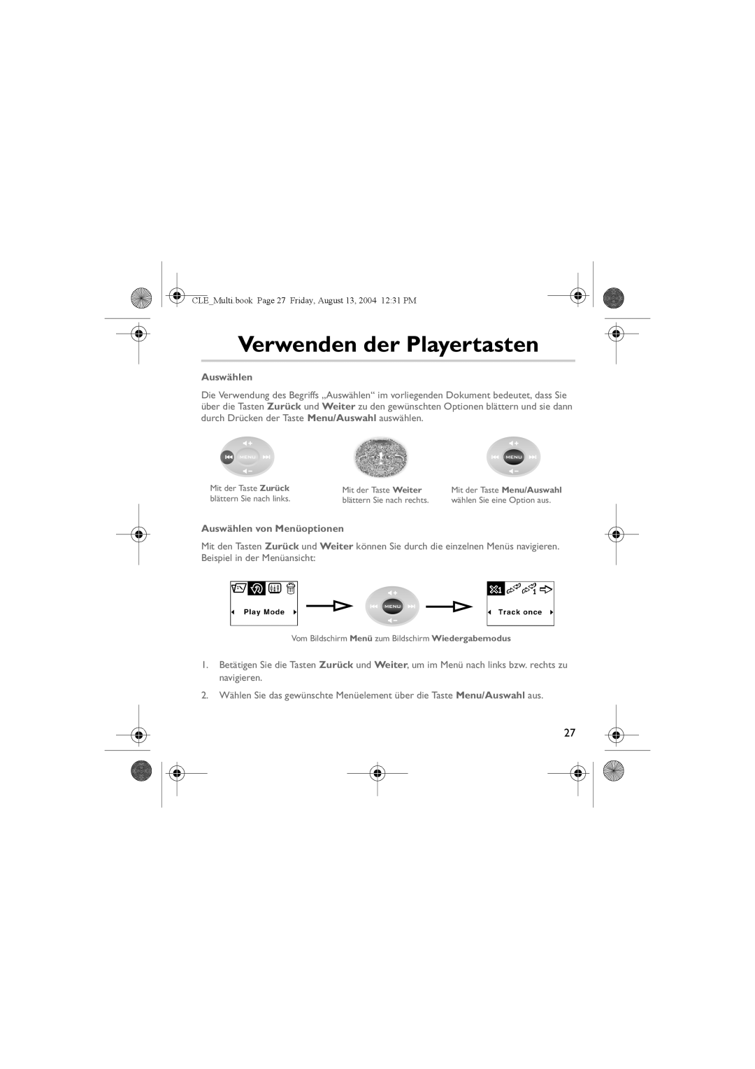 Creative CLE manual Verwenden der Playertasten, Auswählen von Menüoptionen 