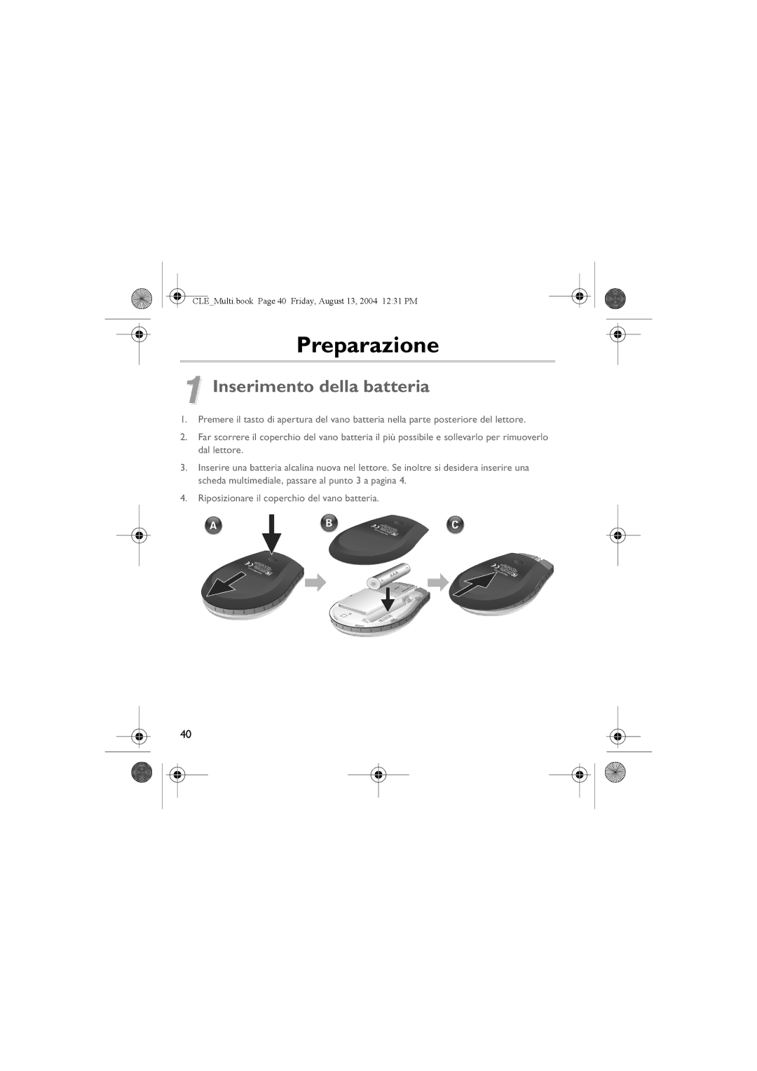 Creative CLE manual Preparazione, Inserimento della batteria 