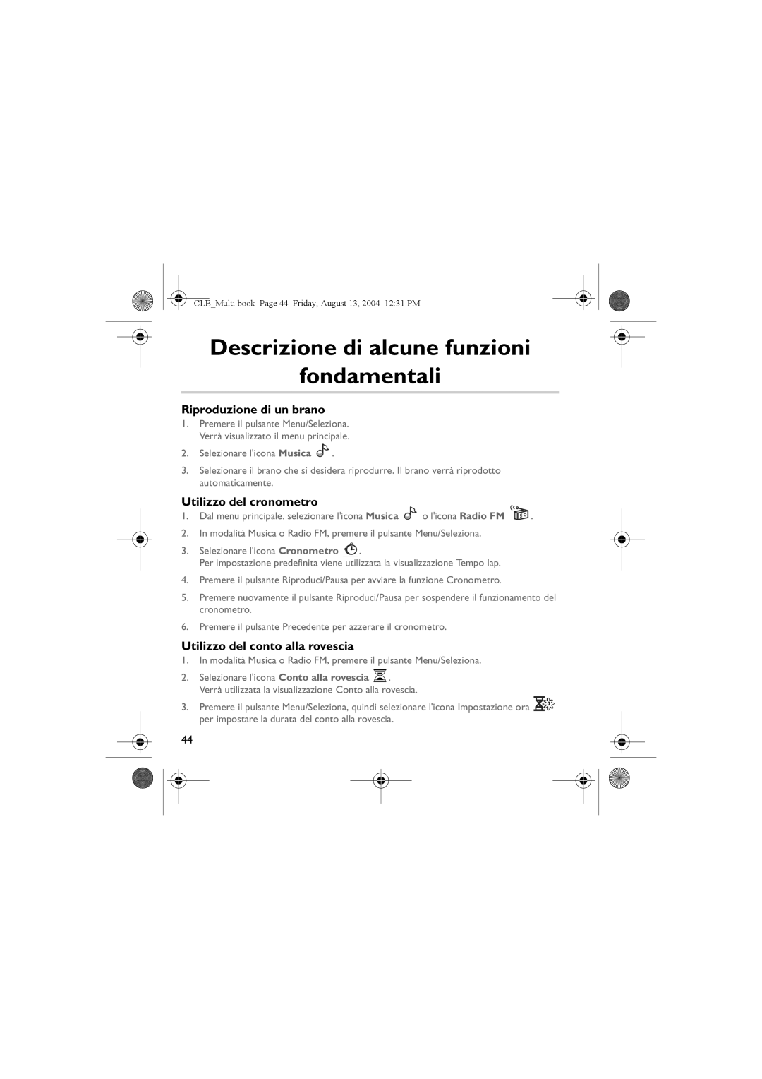 Creative CLE manual Descrizione di alcune funzioni Fondamentali, Riproduzione di un brano, Utilizzo del cronometro 