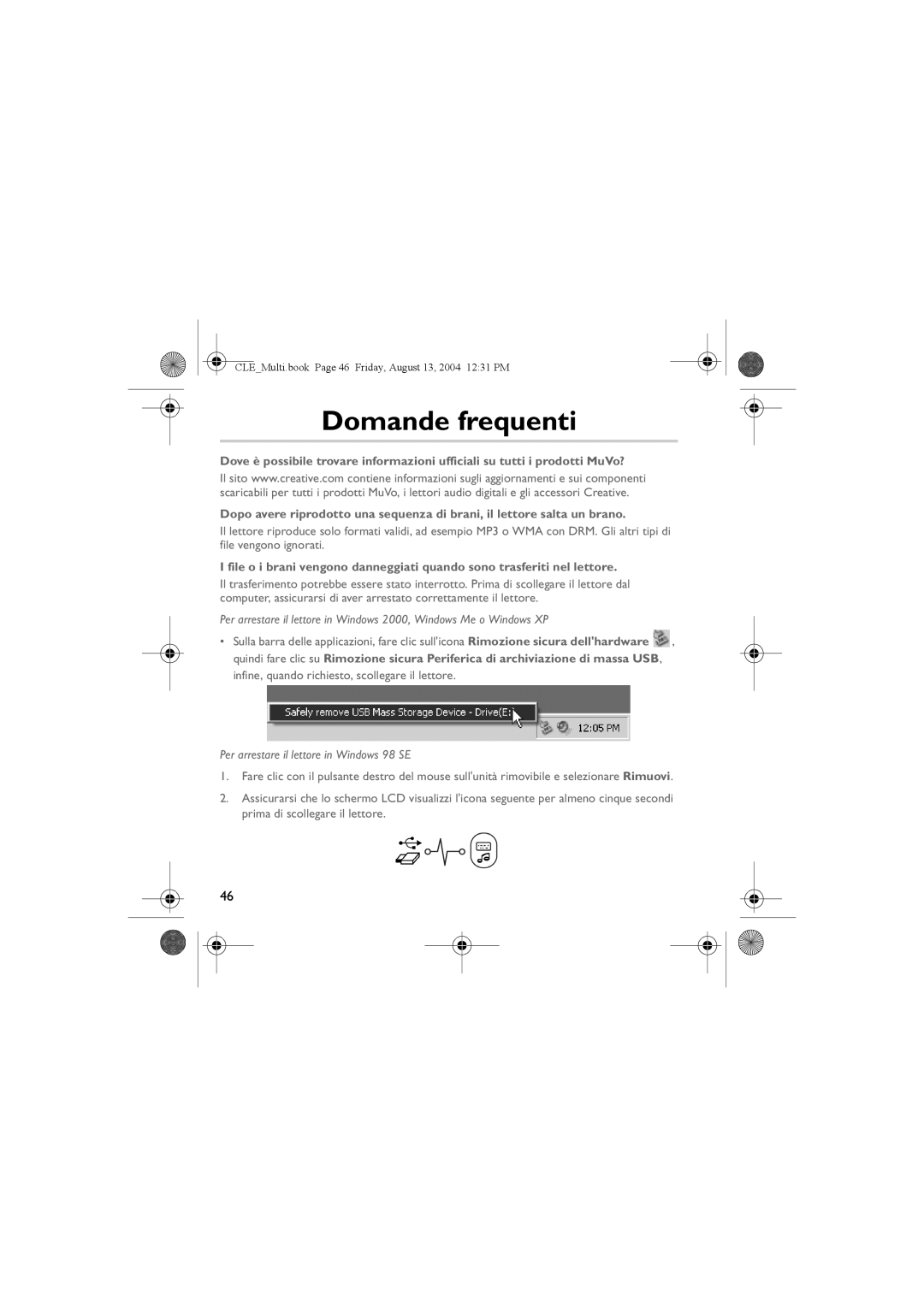 Creative CLE manual Domande frequenti, Per arrestare il lettore in Windows 98 SE 