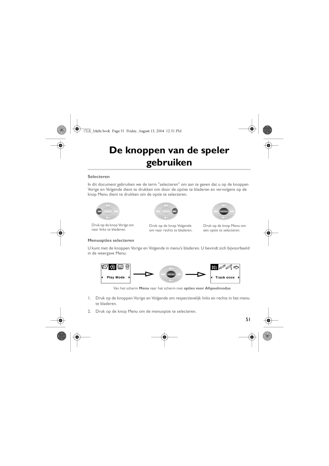 Creative CLE manual De knoppen van de speler Gebruiken, Selecteren, Menuopties selecteren 