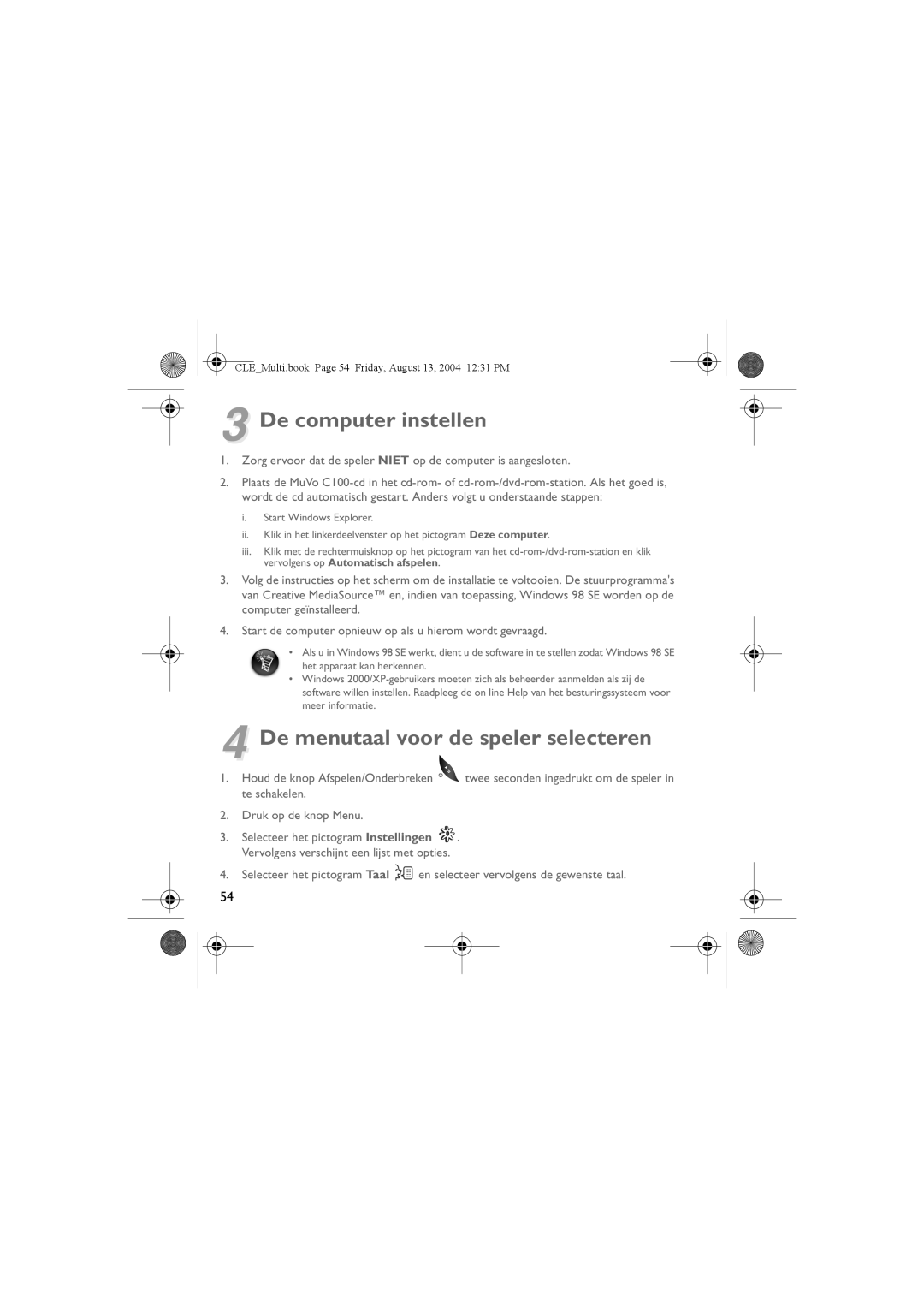 Creative CLE manual De computer instellen, De menutaal voor de speler selecteren 