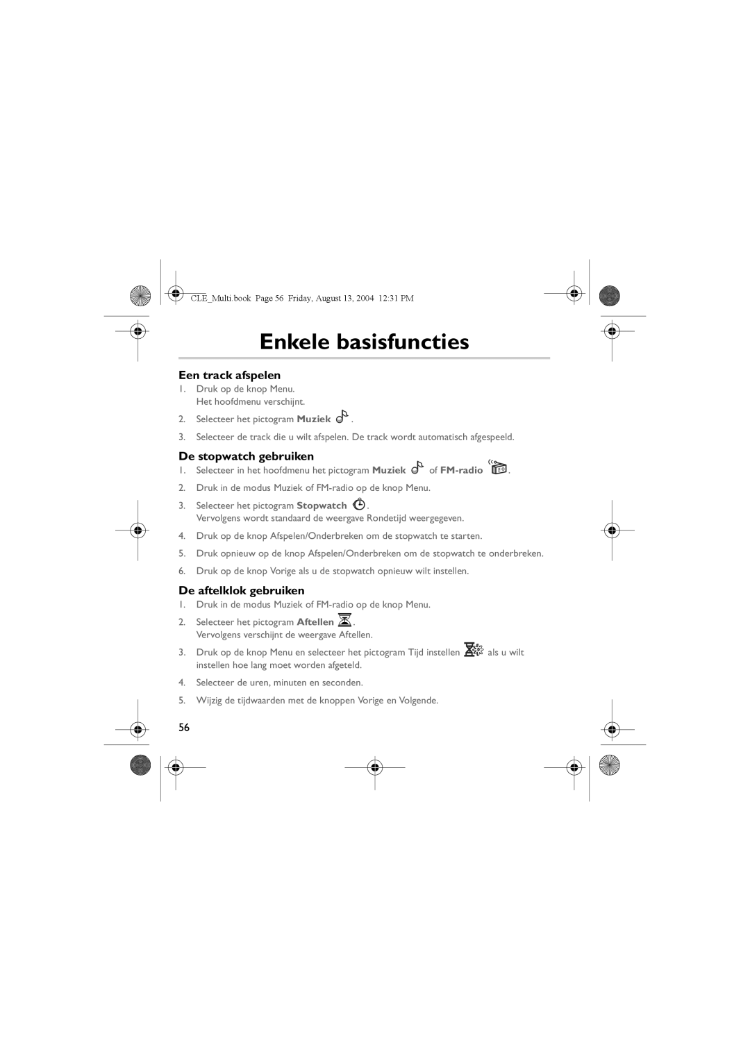 Creative CLE manual Enkele basisfuncties, Een track afspelen, De stopwatch gebruiken, De aftelklok gebruiken, FM-radio 