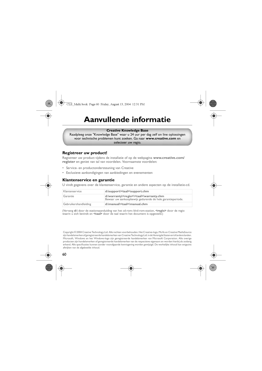 Creative CLE manual Aanvullende informatie, Registreer uw product, Klantenservice en garantie 