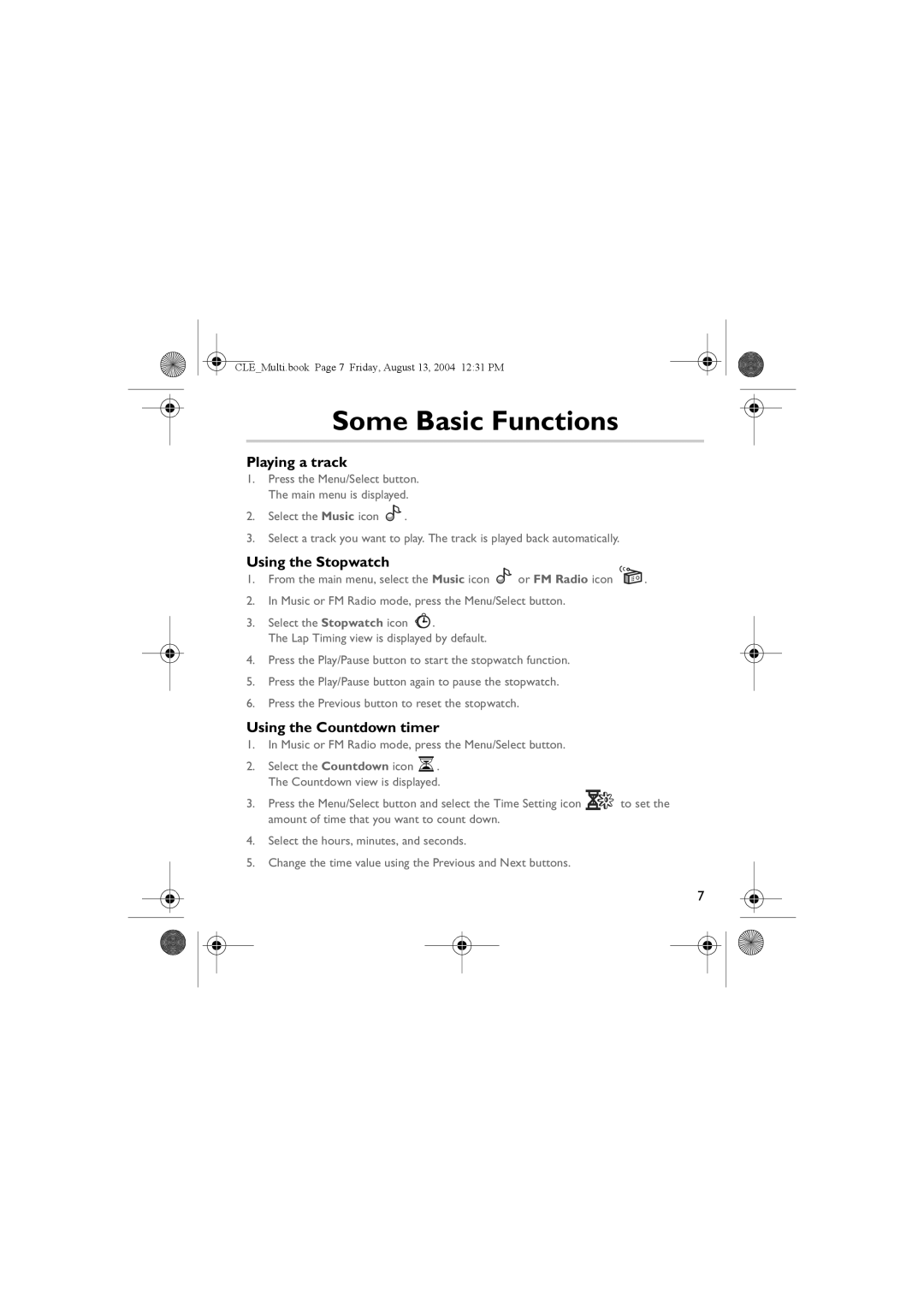 Creative CLE manual Some Basic Functions, Playing a track, Using the Stopwatch, Using the Countdown timer, Or FM Radio icon 