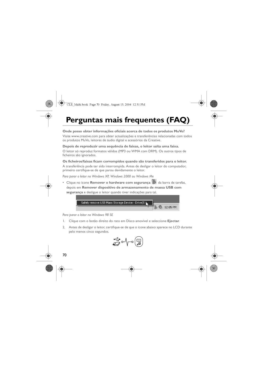 Creative CLE manual Perguntas mais frequentes FAQ, Para parar o leitor no Windows 98 SE 