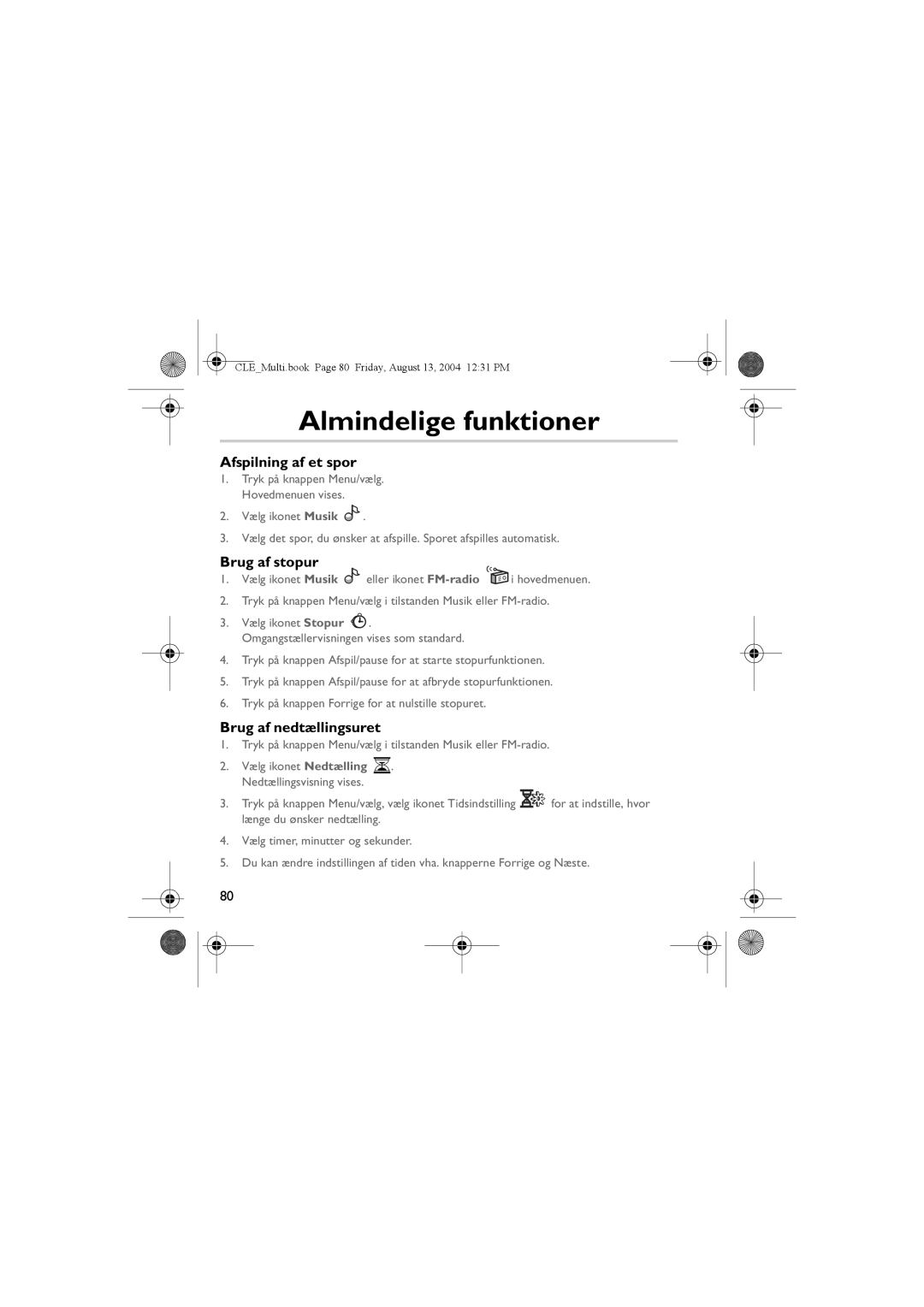 Creative CLE manual Almindelige funktioner, Afspilning af et spor, Brug af stopur, Brug af nedtællingsuret 