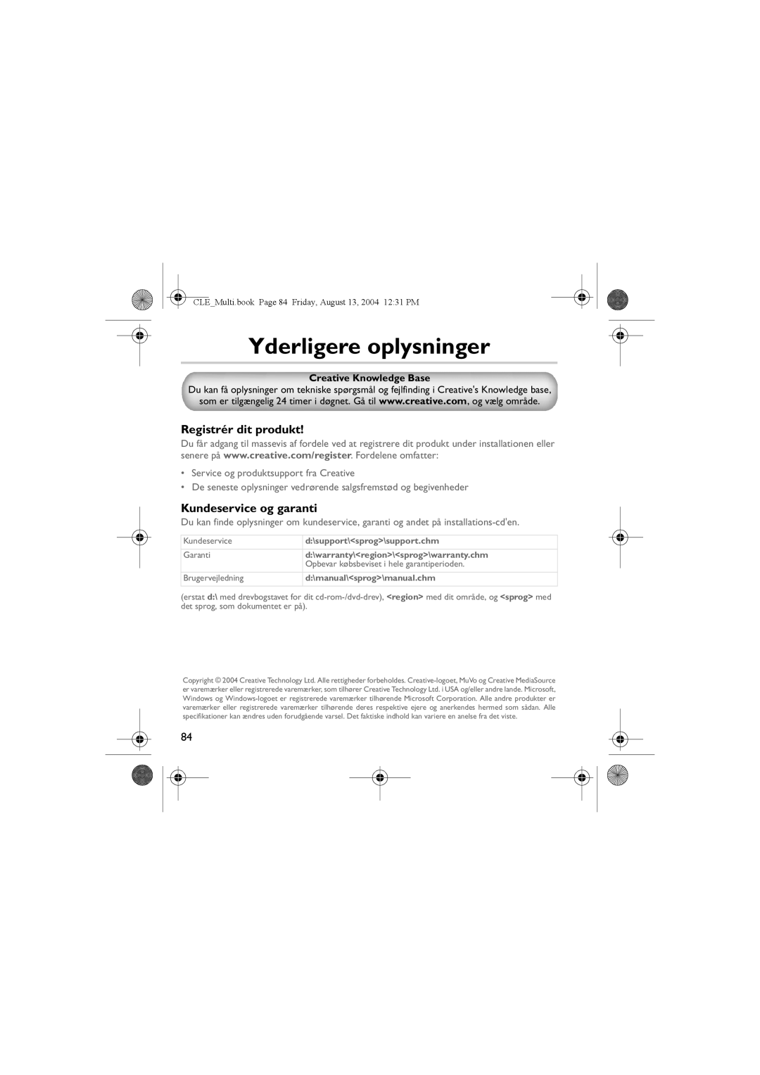 Creative CLE manual Yderligere oplysninger, Registrér dit produkt, Kundeservice og garanti 