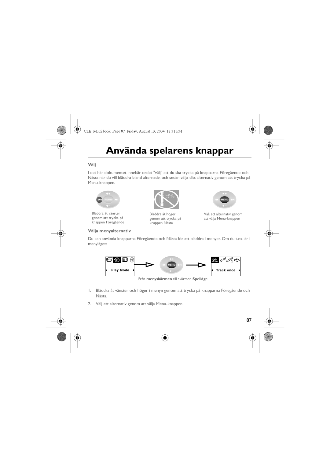 Creative CLE manual Använda spelarens knappar, Välja menyalternativ, Från menyskärmen till skärmen Spelläge 