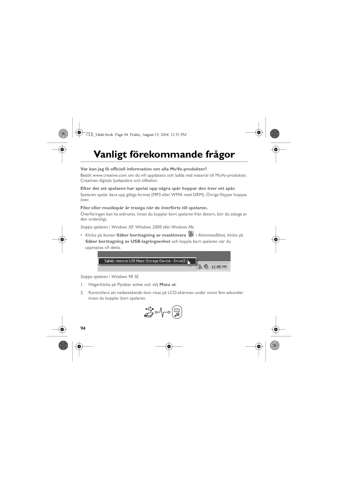 Creative CLE manual Vanligt förekommande frågor, Stoppa spelaren i Windows XP, WIndows 2000 eller Windows Me 