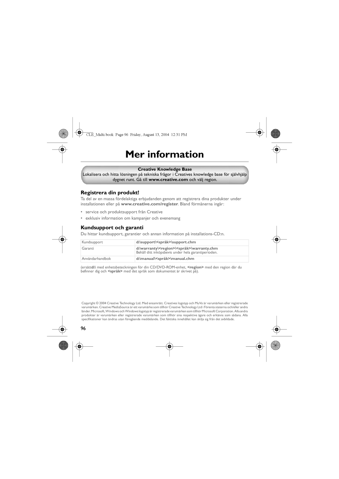 Creative CLE manual Mer information, Registrera din produkt, Kundsupport och garanti 