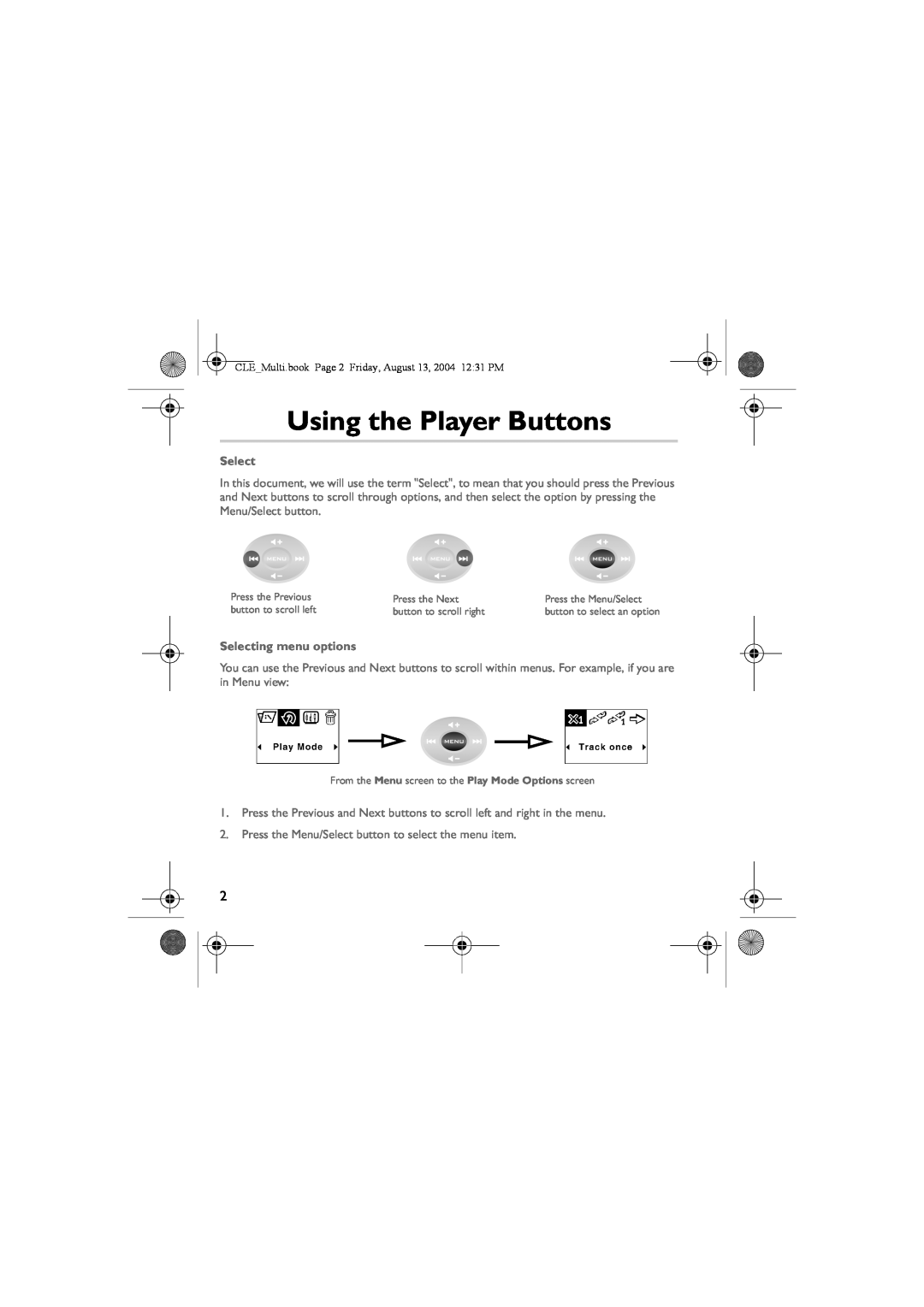 Creative CLE manual Using the Player Buttons, Selecting menu options 