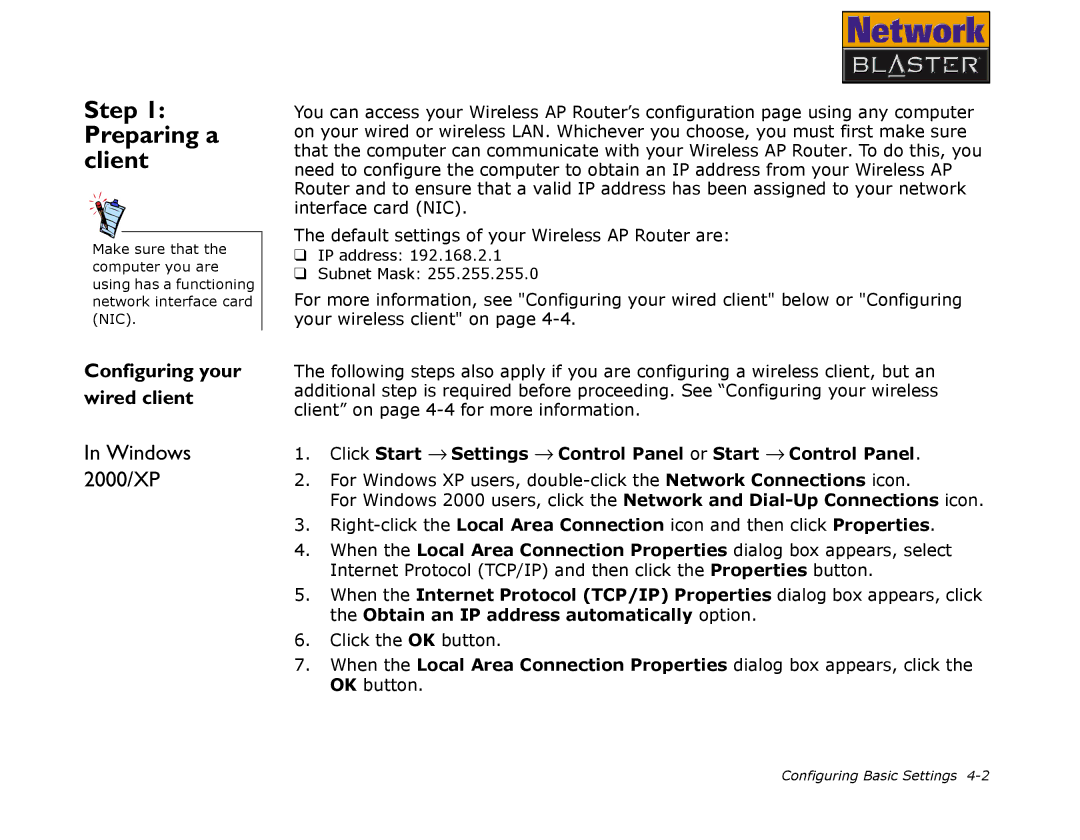 Creative CW2202 manual Preparing a client, Windows 2000/XP, Configuring your wired client 