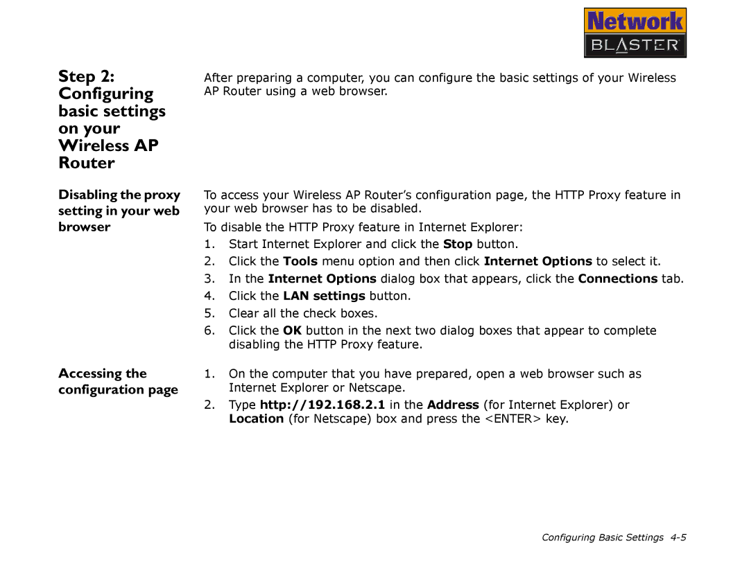 Creative CW2202 Configuring basic settings on your Wireless AP Router, Disabling the proxy setting in your web browser 