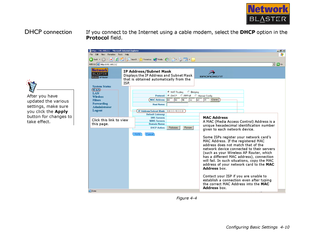 Creative CW2202 manual Dhcp connection, IP Address/Subnet Mask 