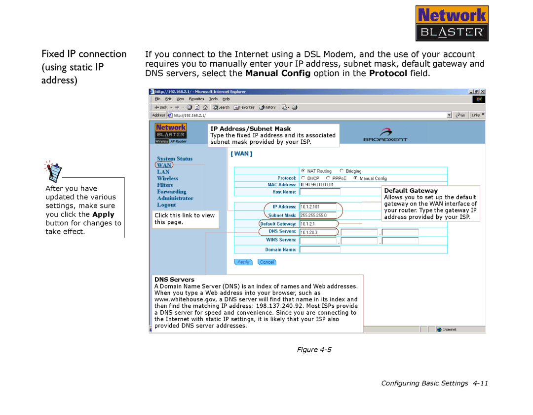 Creative CW2202 manual Fixed IP connection using static IP address, DNS Servers Default Gateway 