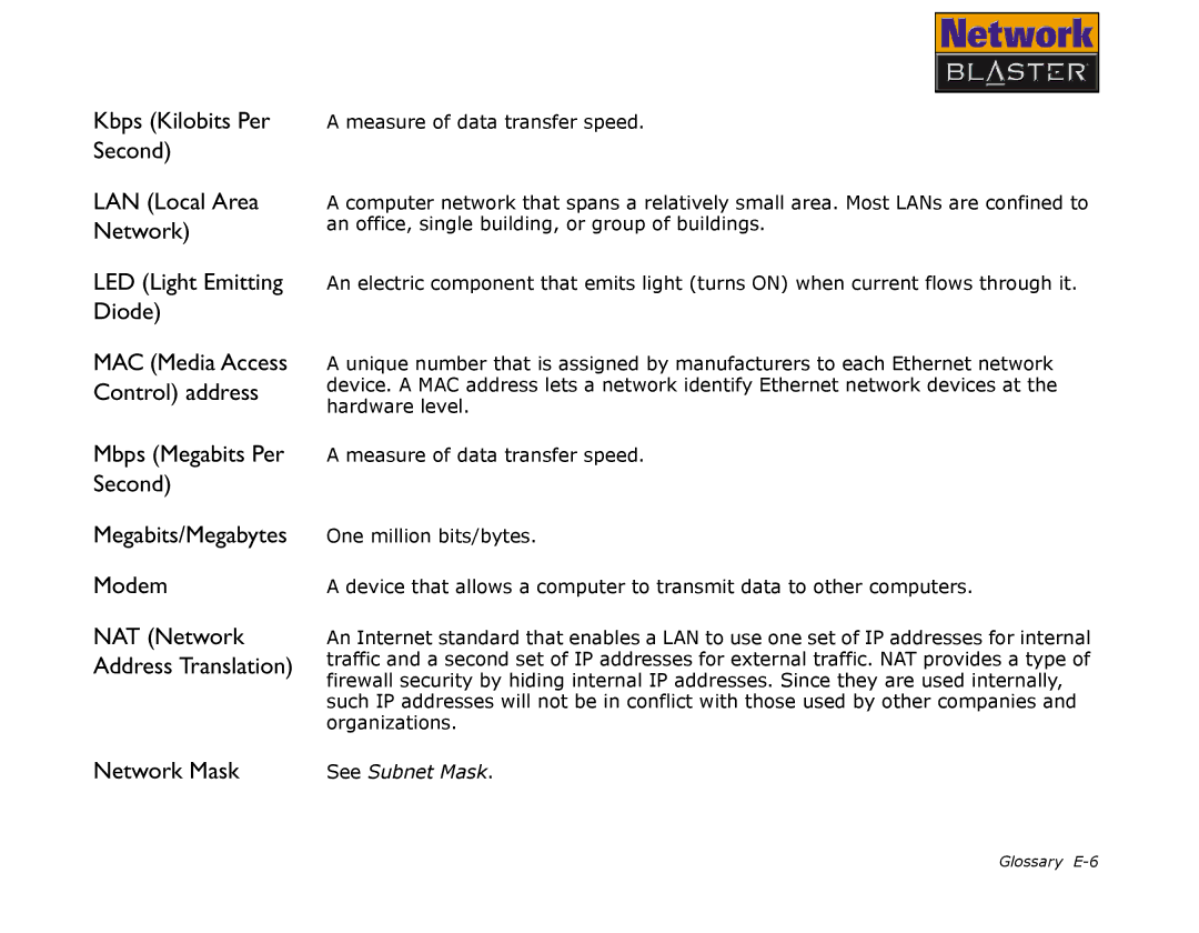 Creative CW2202 manual Mbps Megabits Per Second Megabits/Megabytes Modem, Network Mask 