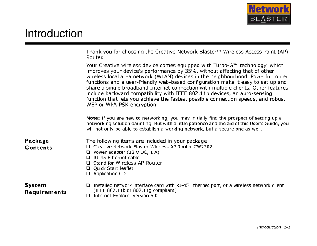 Creative CW2202 manual Introduction, Package Contents, System, Requirements 