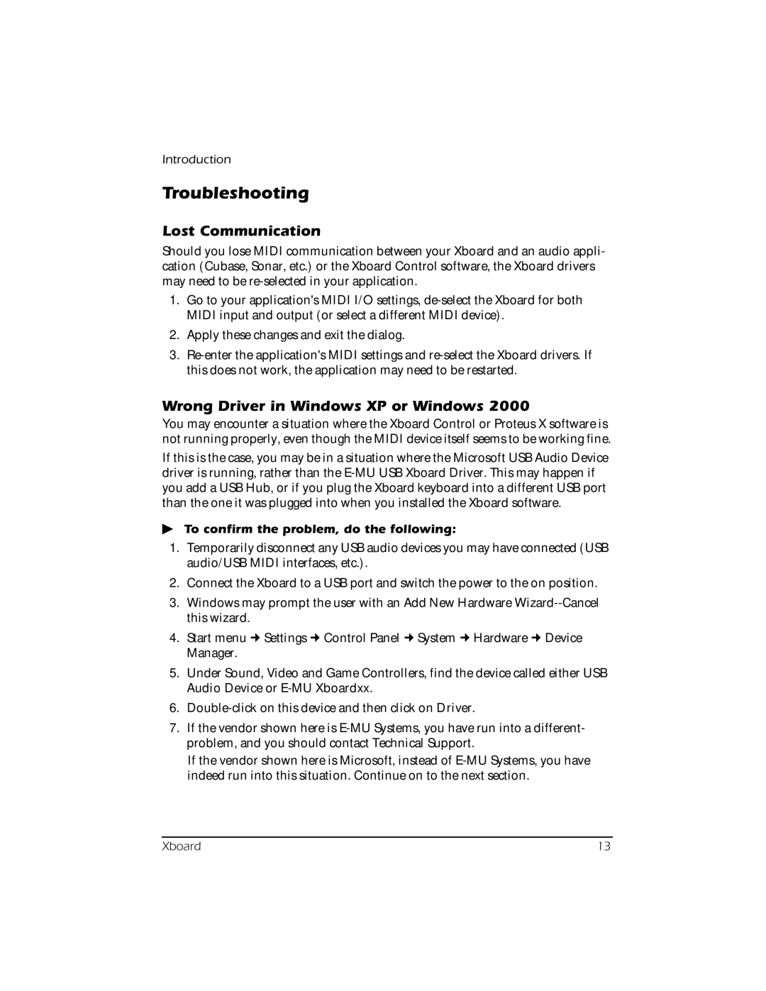 Creative E-MU manual Troubleshooting, Lost Communication, Wrong Driver in Windows XP or Windows 