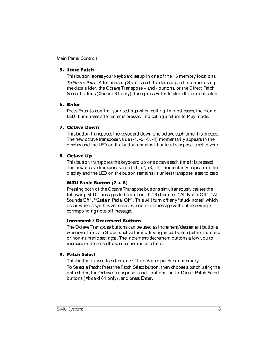 Creative E-MU manual Store Patch, Enter, Octave Down, Octave Up, Midi Panic Button 7 +, Increment / Decrement Buttons 