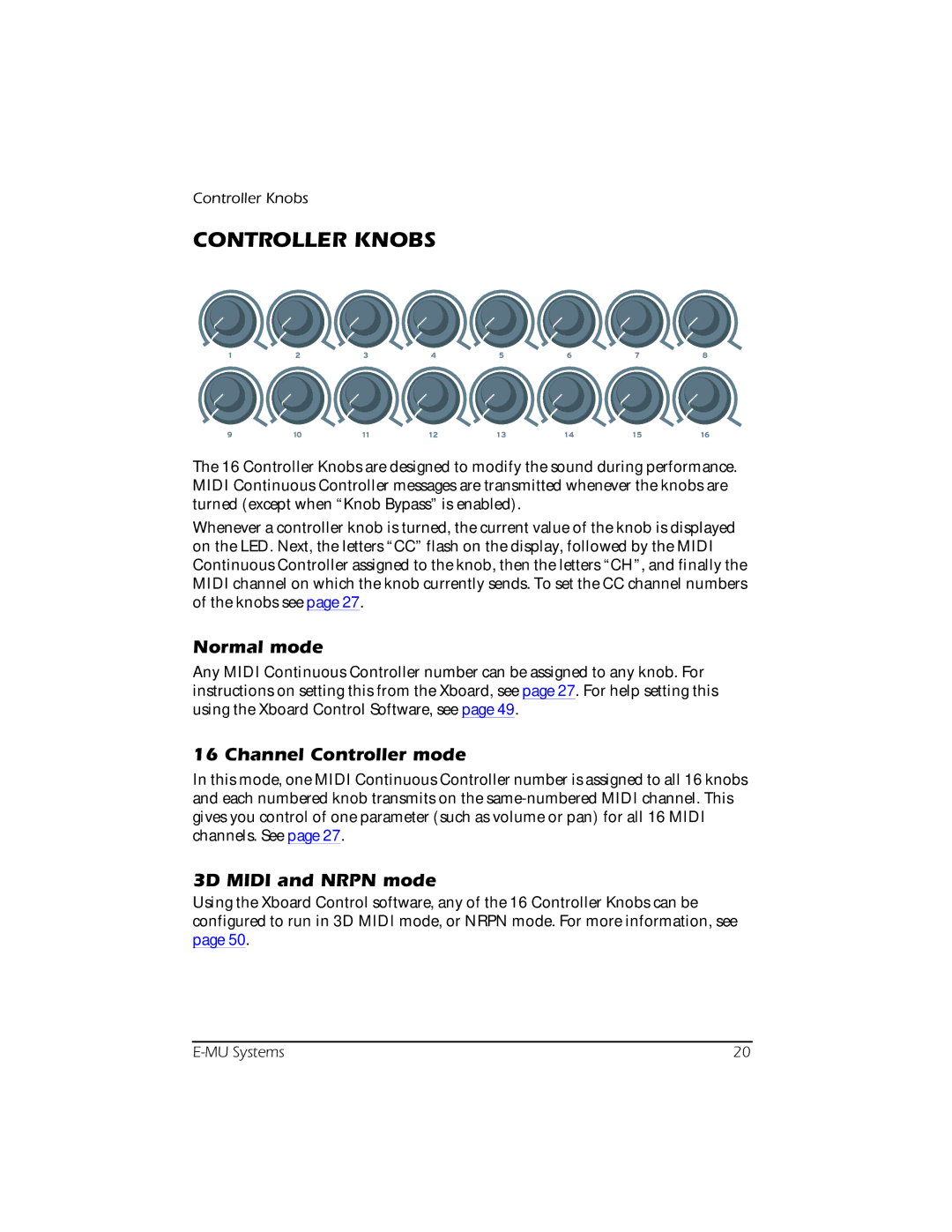 Creative E-MU manual Controller Knobs, Normal mode, Channel Controller mode, 3D Midi and Nrpn mode 