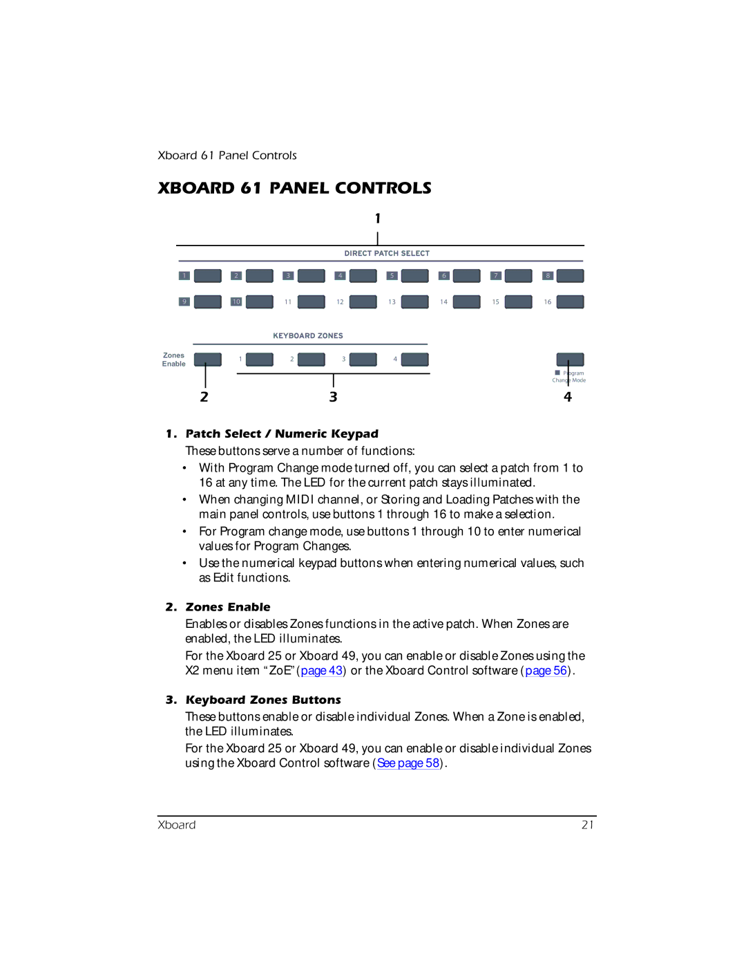 Creative E-MU manual Xboard 61 Panel Controls, Patch Select / Numeric Keypad, Zones Enable, Keyboard Zones Buttons 