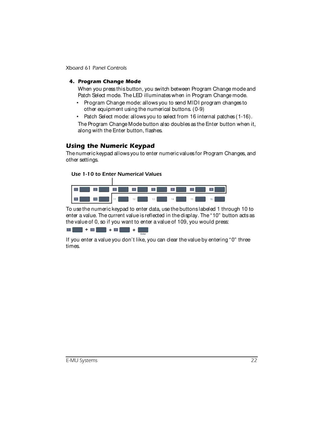 Creative E-MU manual Using the Numeric Keypad, Program Change Mode 