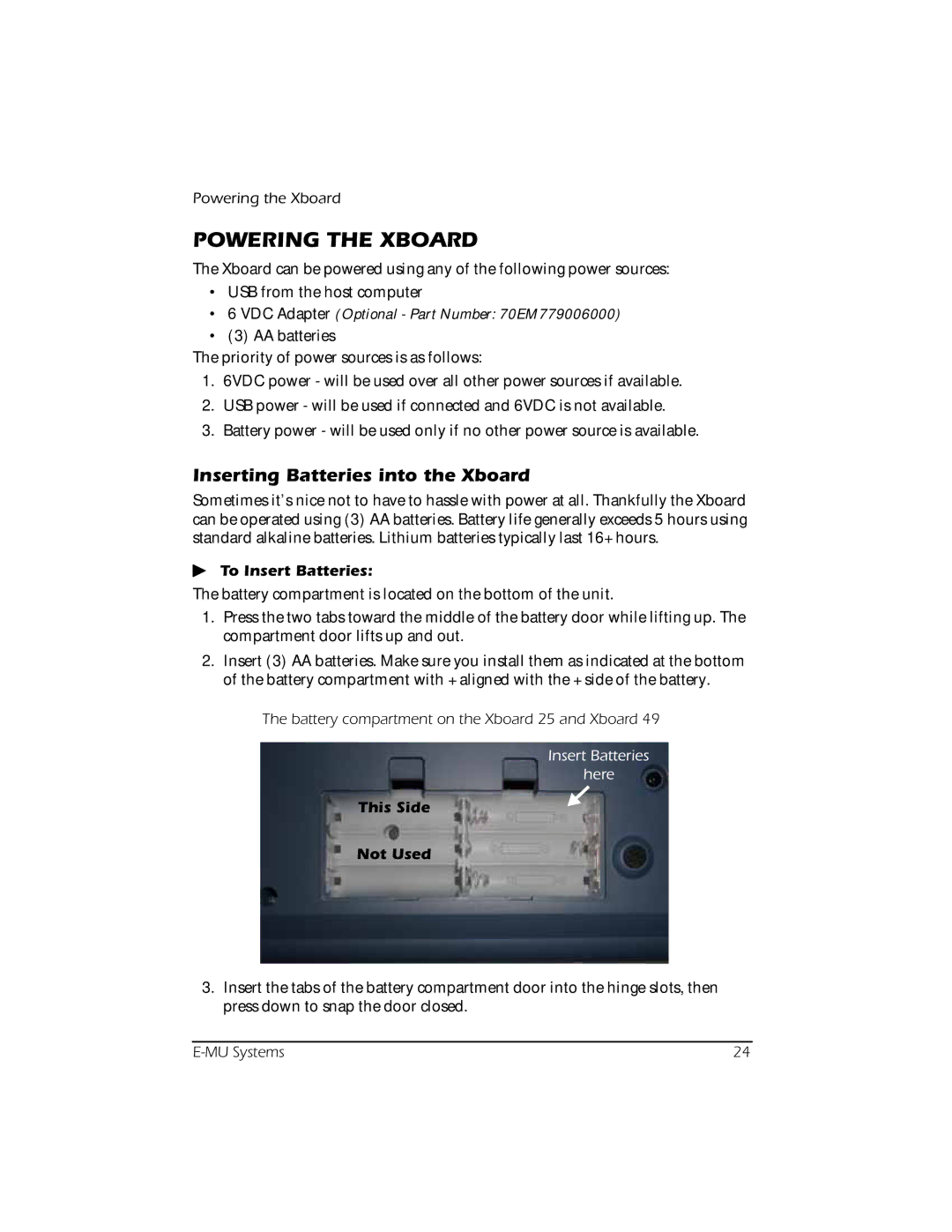 Creative E-MU manual Powering the Xboard, Inserting Batteries into the Xboard, To Insert Batteries, This Side Not Used 