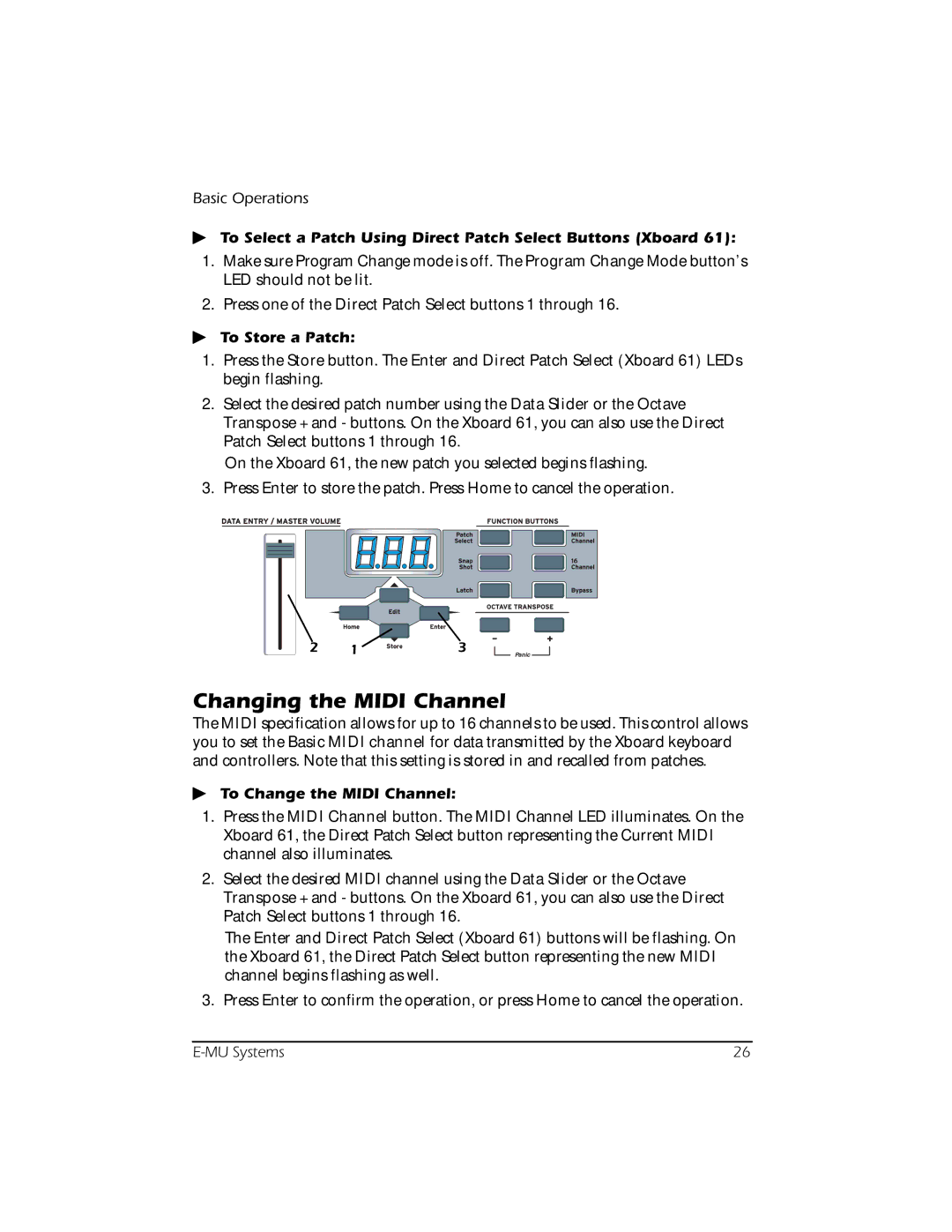 Creative E-MU Changing the Midi Channel, To Select a Patch Using Direct Patch Select Buttons Xboard, To Store a Patch 