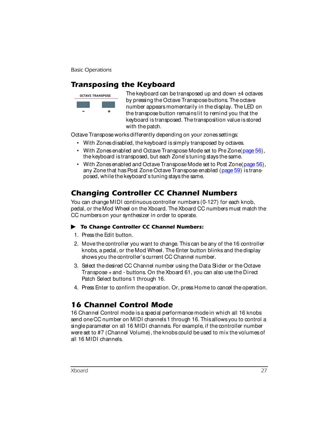 Creative E-MU manual Transposing the Keyboard, Changing Controller CC Channel Numbers, Channel Control Mode 